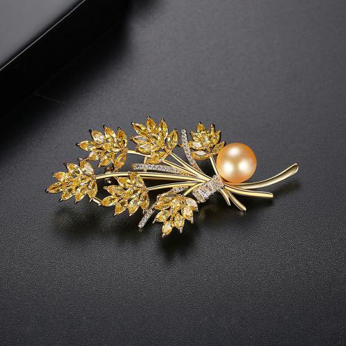 Brass Brooch, with Plastic Pearl, Wheat, gold color plated, micro pave cubic zirconia & for woman 