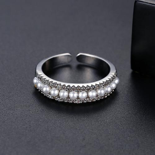 Brass Cuff Finger Ring, with Plastic Pearl, platinum plated, micro pave cubic zirconia & for woman, US Ring 