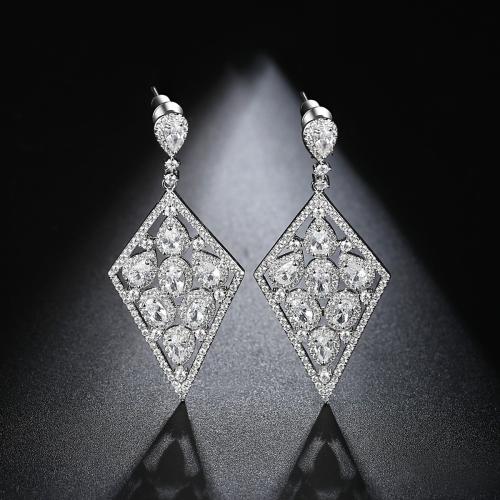 Brass Drop Earring, Geometrical Pattern, platinum plated, micro pave cubic zirconia & for woman & hollow 