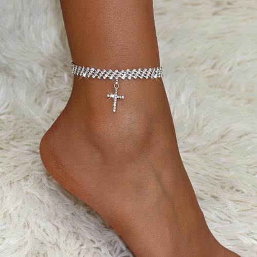 Brass Anklet, with 2.4inch extender chain, Cross, plated, for woman & with rhinestone, silver color Approx 9 Inch 