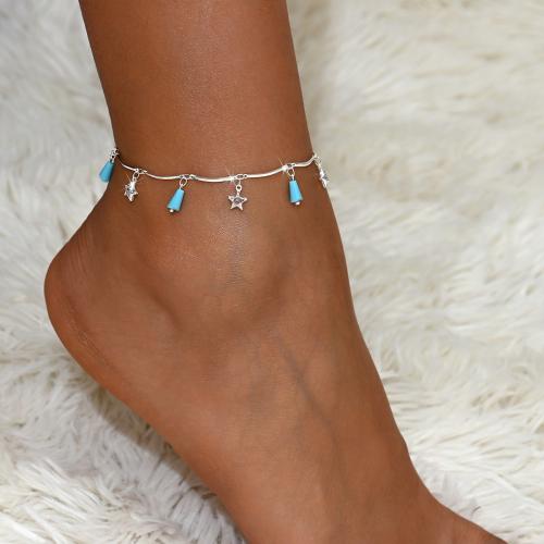 Brass Anklet, with turquoise, with 2.4inch extender chain, Star, silver color plated, Bohemian style & for woman Approx 8.7 Inch 