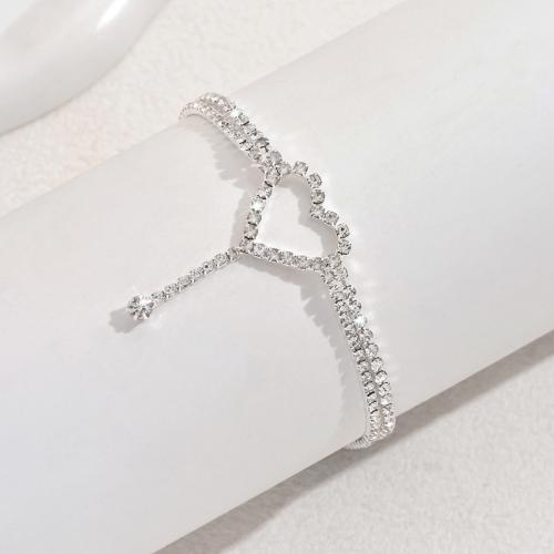 Brass Anklet, with 2.4inch extender chain, Heart, silver color plated, for woman & with rhinestone & hollow Approx 8.7 Inch 