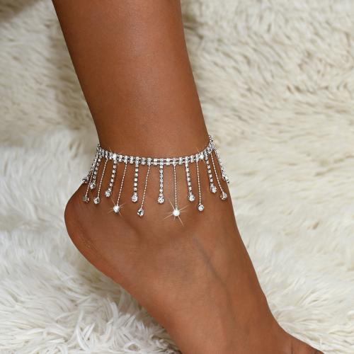 Brass Anklet, with 2.4inch extender chain, Tassel, silver color plated, for woman & with rhinestone Approx 7.9 Inch 