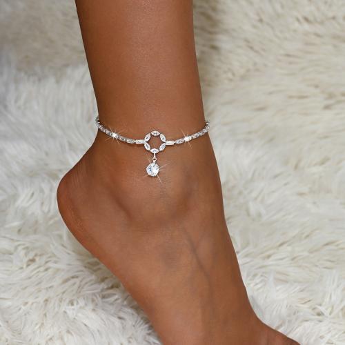 Brass Anklet, with 2.4inch extender chain, silver color plated, for woman & with rhinestone & hollow Approx 8.3 Inch 