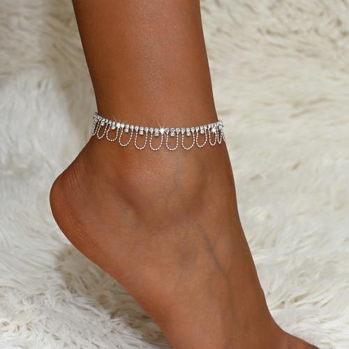 Brass Anklet, with 2.4inch extender chain, silver color plated, for woman & with rhinestone & hollow Approx 8.7 Inch 