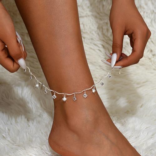 Brass Anklet, with 2.4inch extender chain, Geometrical Pattern, silver color plated, for woman & with rhinestone Approx 8.7 Inch 