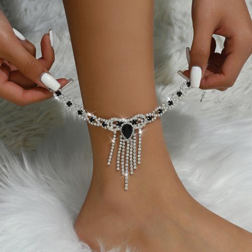 Brass Anklet, with 2inch extender chain, plated, for woman & with rhinestone & hollow Approx 8.7 Inch 