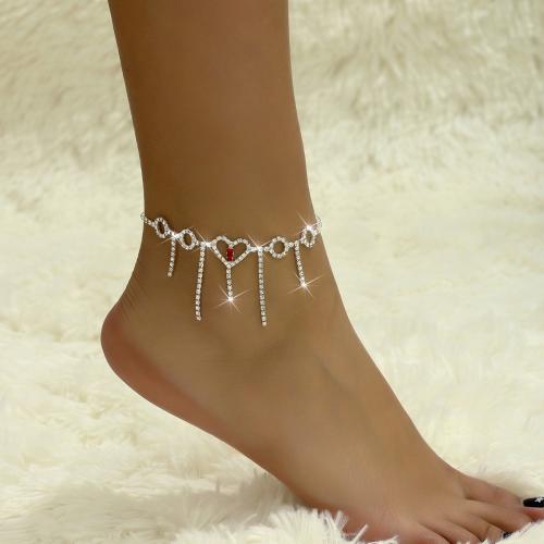 Brass Anklet, with 2inch extender chain, Heart, silver color plated, for woman & with rhinestone & hollow Approx 8.7 Inch 