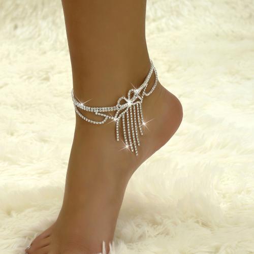 Brass Anklet, with 2inch extender chain, Bowknot, silver color plated, for woman & with rhinestone & hollow Approx 8.7 Inch 