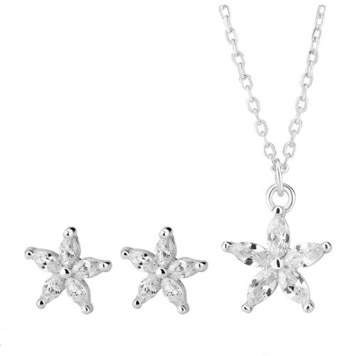 Cubic Zirconia Micro Pave Sterling Sliver Jewelry Sets, 925 Sterling Silver, Stud Earring & necklace, with 5cm extender chain, Flower, fashion jewelry & micro pave cubic zirconia & for woman Approx 39 cm 