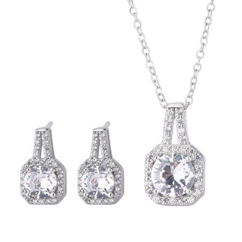 Cubic Zirconia Micro Pave Sterling Sliver Jewelry Sets, 925 Sterling Silver, Stud Earring & necklace, with 4cm extender chain, fashion jewelry & micro pave cubic zirconia & for woman Approx 46 cm 