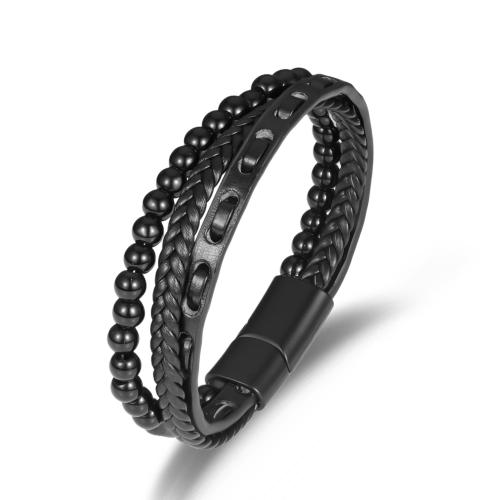 bracelet de cordon en PU , cuir PU, avec Gemme synthétique & alliage de zinc, Placage de couleur noire de plumbum, bijoux de mode & pour homme, noire cm, Vendu par PC