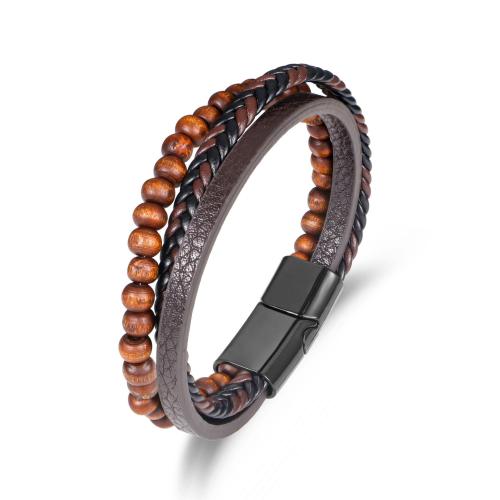 bracelet de cordon en PU , cuir PU, avec bois & alliage de zinc, Placage de couleur noire de plumbum, bijoux de mode & pour homme, brun cm, Vendu par PC