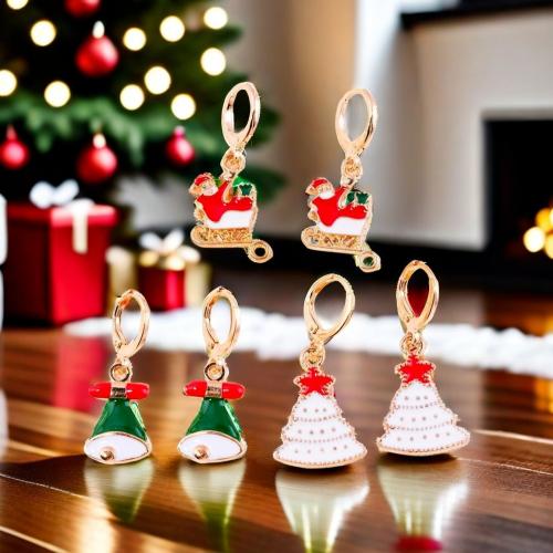 Pendientes de Navidad, aleación de zinc, chapado en color dorado, Diferente forma para la elección & Diseño de Navidad & para mujer & esmalte, más colores para la opción, Vendido por Par