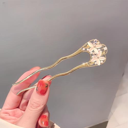 Hair Stick, Zinc Alloy, with Cats Eye & Plastic Pearl, plated & for woman & with rhinestone, gold 