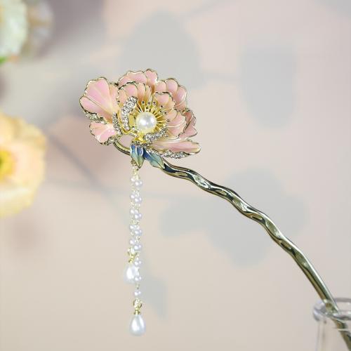 Hair Stick, Zinc Alloy, with Plastic Pearl, petals, plated, for woman & enamel & with rhinestone, pink 