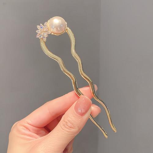 Hair Stick, Zinc Alloy, with Plastic Pearl, plated, for woman & with rhinestone, gold 