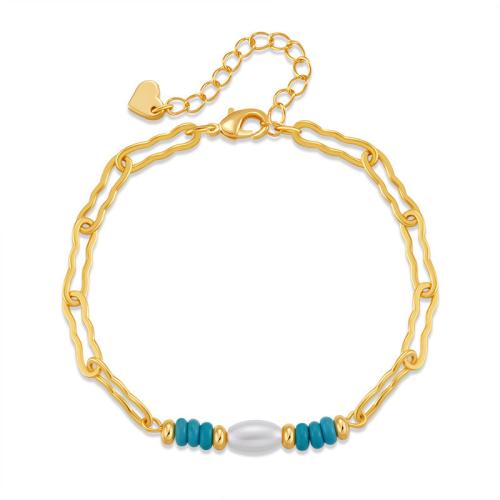 Brass Bracelets, with Shell Pearl & turquoise, plated, for woman, golden 