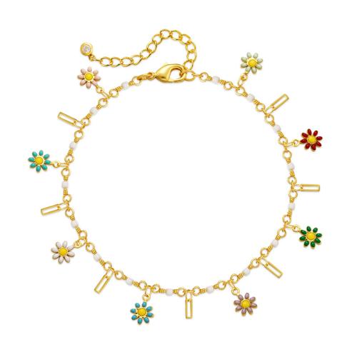 Brass Anklet, with 2.36inch extender chain, Daisy, gold color plated, Bohemian style & for woman & enamel Approx 8.46 Inch 