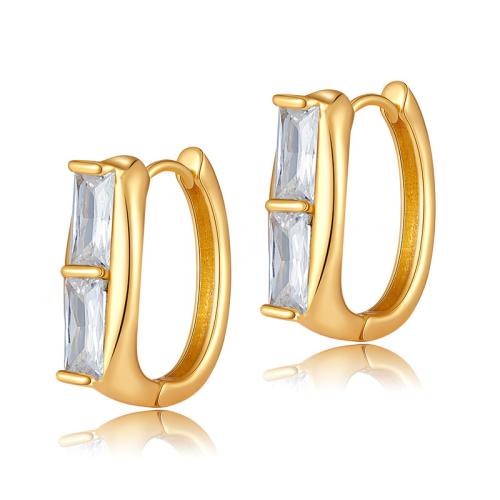 Brass Huggie Hoop Earring, Geometrical Pattern, 18K gold plated, micro pave cubic zirconia & for woman 