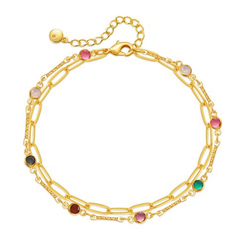 Brass Anklet, with 2.36inch extender chain, 18K gold plated, Double Layer & for woman & with rhinestone Approx 8.46 Inch 