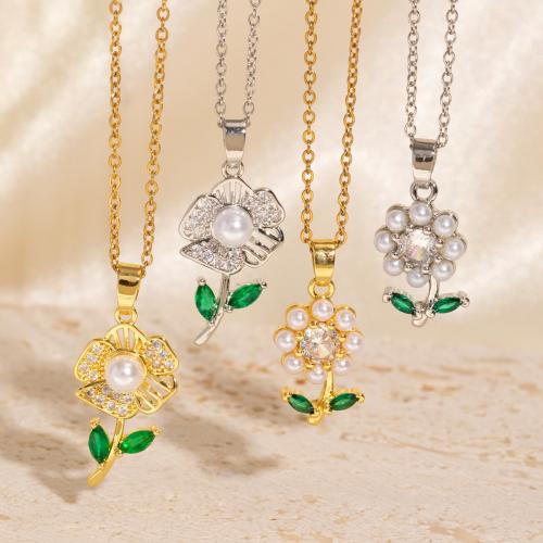 Rhinestone Brass Necklace, with Plastic Pearl, with 6cm extender chain, Flower & for woman & with rhinestone Approx 40 cm 