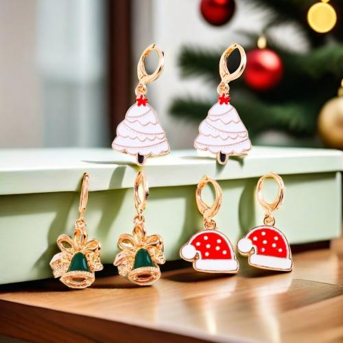 Pendientes de Navidad, aleación de zinc, chapado en color dorado, Diferente forma para la elección & Diseño de Navidad & para mujer & esmalte, más colores para la opción, Vendido por Par