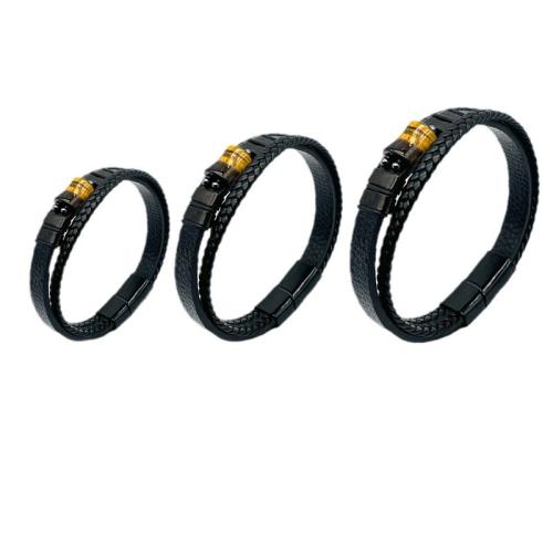 PU Leather Cord Bracelets, 304 Stainless Steel, with PU Leather & Tiger Eye, vintage & for man, black 