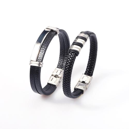 bracelet de cordon en PU , Acier inoxydable 304, avec cuir PU, Vintage & normes différentes pour le choix & styles différents pour le choix & pour homme, noire, Vendu par PC