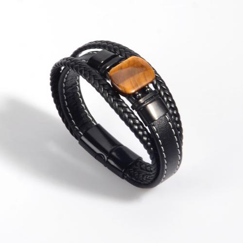 bracelet de cordon en PU , Acier inoxydable 304, avec cuir PU & oeil de tigre, Vintage & normes différentes pour le choix & pour homme, noire, Vendu par PC