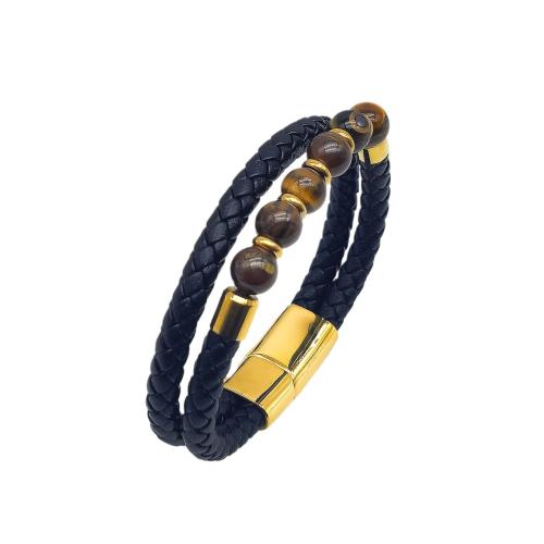 PU Leather Cord Bracelets, 304 Stainless Steel, with PU Leather & Lava & Tiger Eye, vintage & for man, black Approx 21 cm 