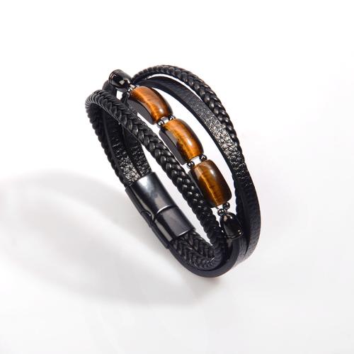 PU Leather Cord Bracelets, 304 Stainless Steel, with PU Leather & Tiger Eye, vintage & for man, black 