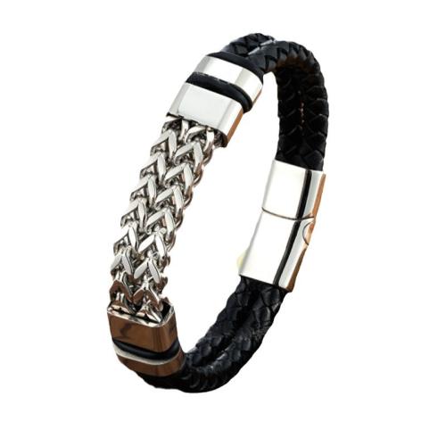 bracelet de cordon en PU , Acier inoxydable 304, avec cuir PU, Vintage & pour homme, plus de couleurs à choisir Environ 21 cm, Vendu par PC[