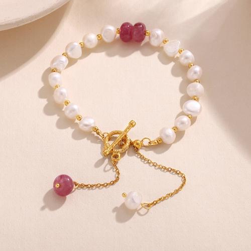 Gemstone Pearl Bracelets, Titanium Steel, with Natural Stone & Freshwater Pearl, fashion jewelry & for woman Approx 18 cm 