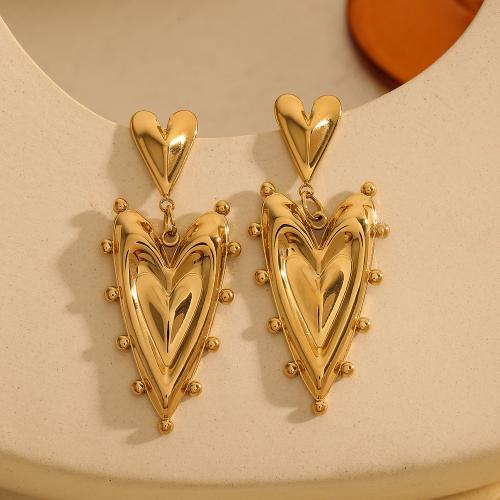 Partículas de acero Pendientes con Colgantes, Corazón, chapado en color dorado, para mujer, Vendido por Par