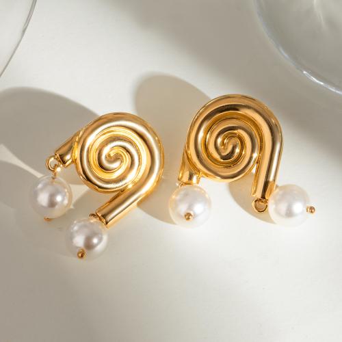 Stainless Steel Drop Earring, 304 Stainless Steel, with Plastic Pearl, gold color plated, for woman 