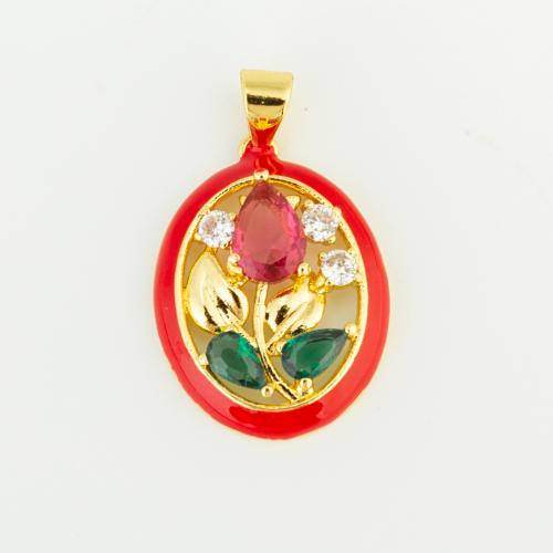 Enamel Brass Pendants, gold color plated, DIY & micro pave cubic zirconia, red 