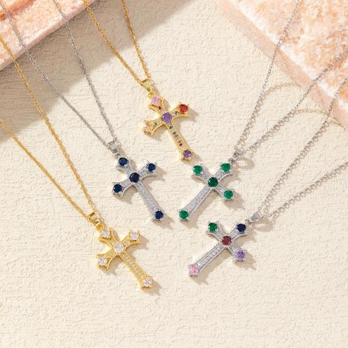 Rhinestone Brass Necklace, with 6cm extender chain, Cross, fashion jewelry & for woman & with rhinestone Approx 40 cm 