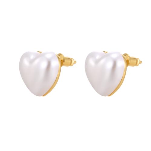 Brass Stud Earring, with Plastic Pearl, Heart, plated, for woman 