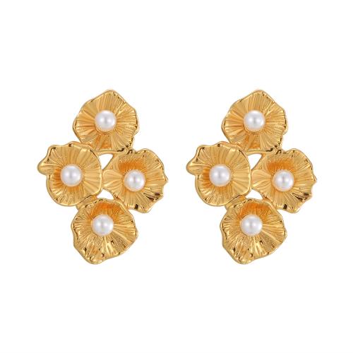 Brass Stud Earring, with Plastic Pearl, plated, for woman 