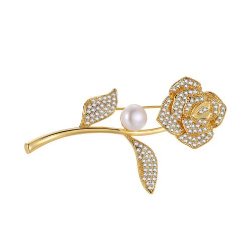 Cubic Zirconia Brooch, Brass, Rose, plated, micro pave cubic zirconia & for woman 