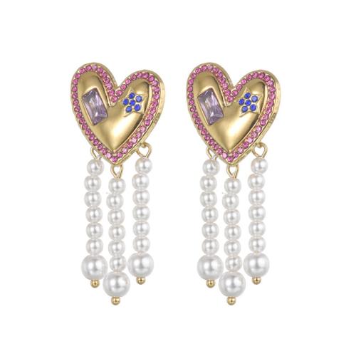 Stainless Steel Stud Earring, 304 Stainless Steel, with Plastic Pearl, plated, micro pave cubic zirconia & for woman, gold 