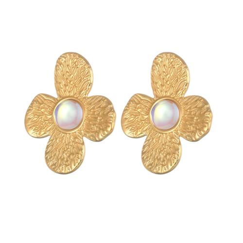 Stainless Steel Stud Earring, 304 Stainless Steel, with Glass, petals, plated, for woman, gold 