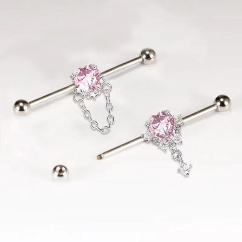 Stainless Steel Ear Piercing Jewelry, 304 Stainless Steel, Unisex & micro pave cubic zirconia, pink 