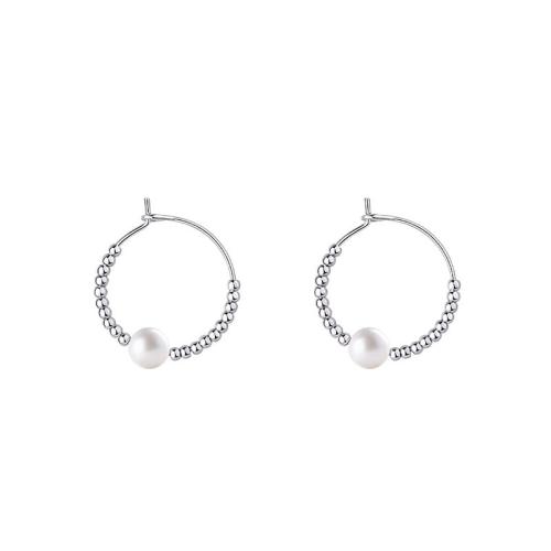 Stainless Steel Hoop Earring, 304 Stainless Steel, with Plastic Pearl, fashion jewelry & for woman, original color, 30mm 