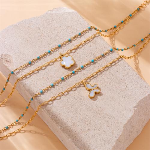 Stainless Steel Anklets Jewelry, 304 Stainless Steel, with Shell, with 5.5cm extender chain, Double Layer & for woman & enamel, golden Approx 21 cm 