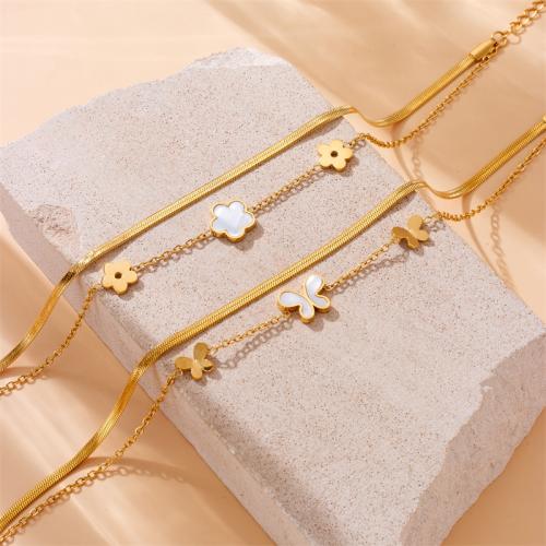 Stainless Steel Anklets Jewelry, 304 Stainless Steel, with Shell, with 5cm extender chain, Double Layer & for woman, golden Approx 21 cm 