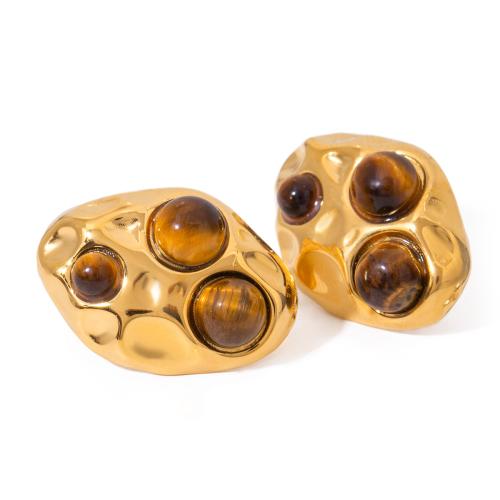 Stainless Steel Stud Earring, 304 Stainless Steel, with Tiger Eye, gold color plated, fashion jewelry, golden 