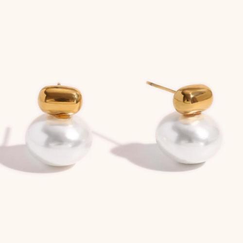 Stainless Steel Stud Earring, 304 Stainless Steel, with Plastic Pearl, 18K gold plated, fashion jewelry & for woman 