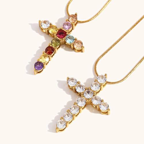 Stainless Steel Jewelry Necklace, 304 Stainless Steel, with 5cm extender chain, Cross, 18K gold plated, fashion jewelry & for woman & with rhinestone cm 